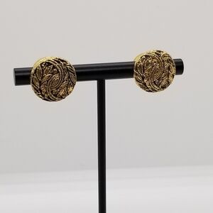 gold tone button earrings with leaf swirls
